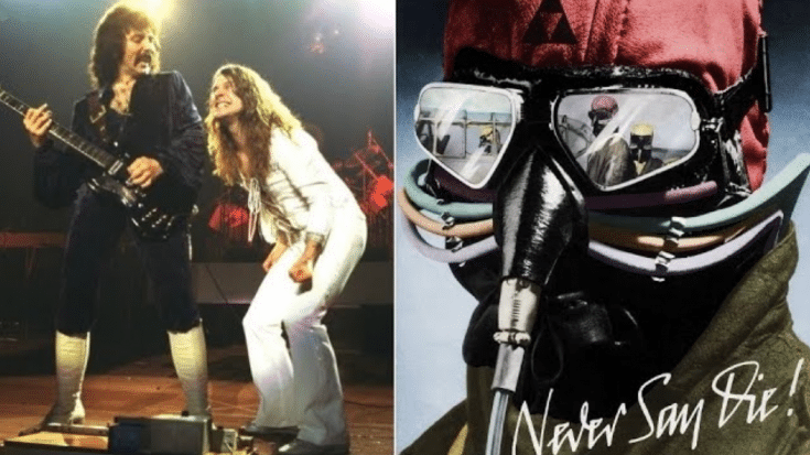 Black Sabbath performing live alongside the cover art of their album Never Say Die! featuring a pilot in a gas mask.