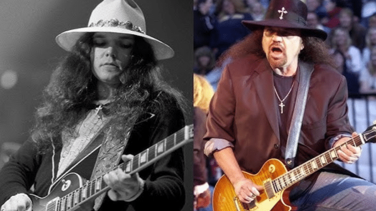 Side-by-side photos of Gary Rossington, Lynyrd Skynyrd guitarist, in a 1970s black-and-white image (left) and a more recent color performance (right).