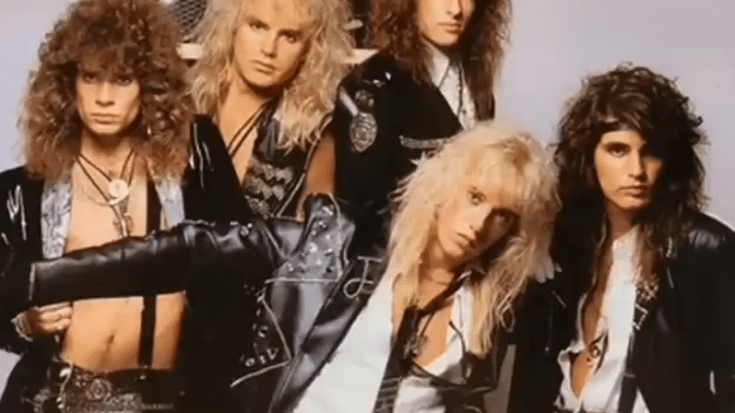 Warrant posing in their signature glam metal style with big hair, leather jackets, and rock-inspired outfits.