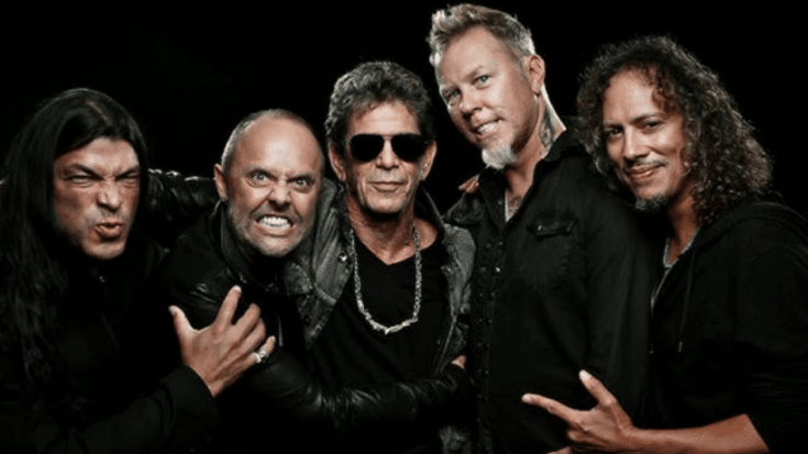 Metallica and Lou Reed posing together, promoting their collaborative album Lulu.