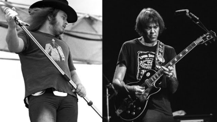 Side-by-side of Neil Young and Lynyrd Skynyrd's Ronnie Van Zant on stage during the 1970s, reflecting their well-known rock feud