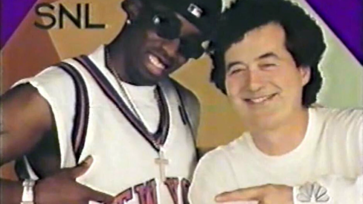 Puff Daddy and Jimmy Page perform together on SNL 1998. The poster highlights their collaboration during the live performance of 