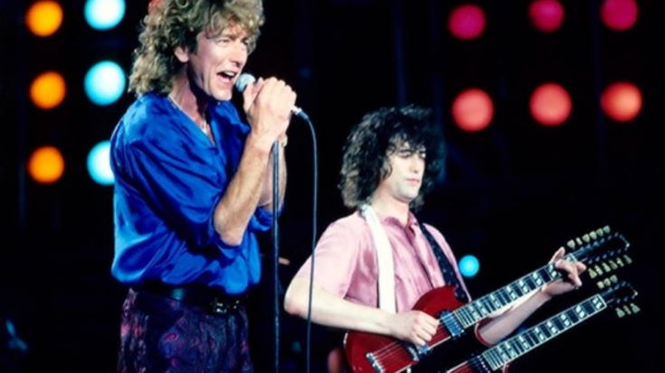 Robert Plant and Jimmy Page performing during Led Zeppelin's iconic Live Aid reunion in 1985