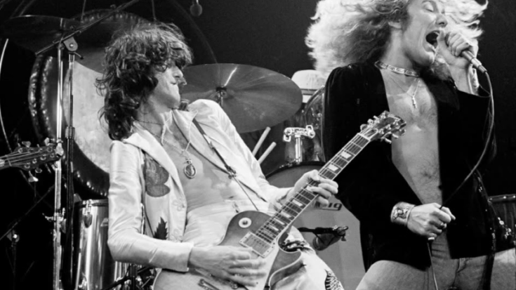 Led Zeppelin performing live in the 1970s with Jimmy Page playing guitar and Robert Plant singing on stage