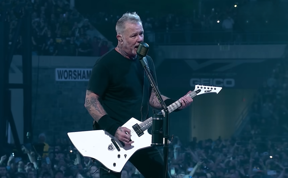 James Hetfield of Metallica performs "Enter Sandman" live at Virginia Tech’s Lane Stadium in front of a massive crowd
