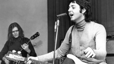 Paul McCartney performing with bass guitar during a 1970s rehearsal session