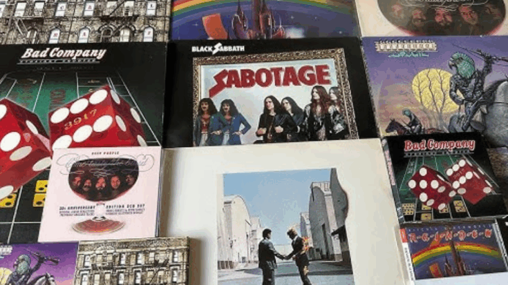 Classic rock vinyl collection featuring Black Sabbath's Sabotage, Pink Floyd's Wish You Were Here, Led Zeppelin's Physical Graffiti, Rainbow's Rising, and albums by Deep Purple and Bad Company.