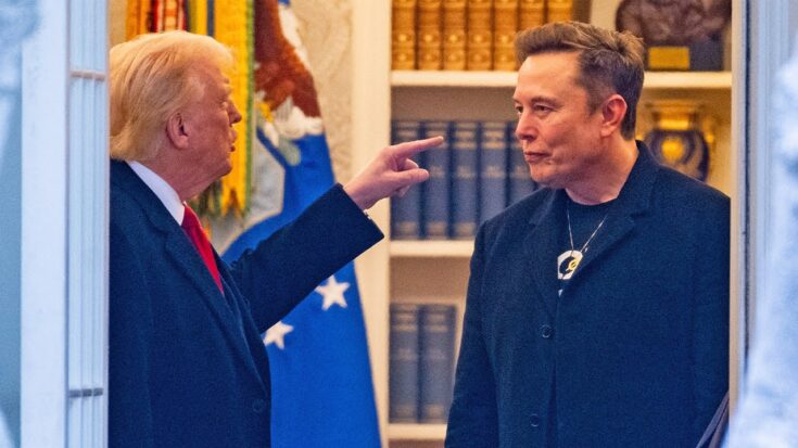 Donald Trump pointing at Elon musk in the Oval office.