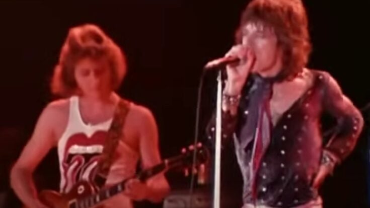 The Rolling Stones p[erfomring in 1972 on stage