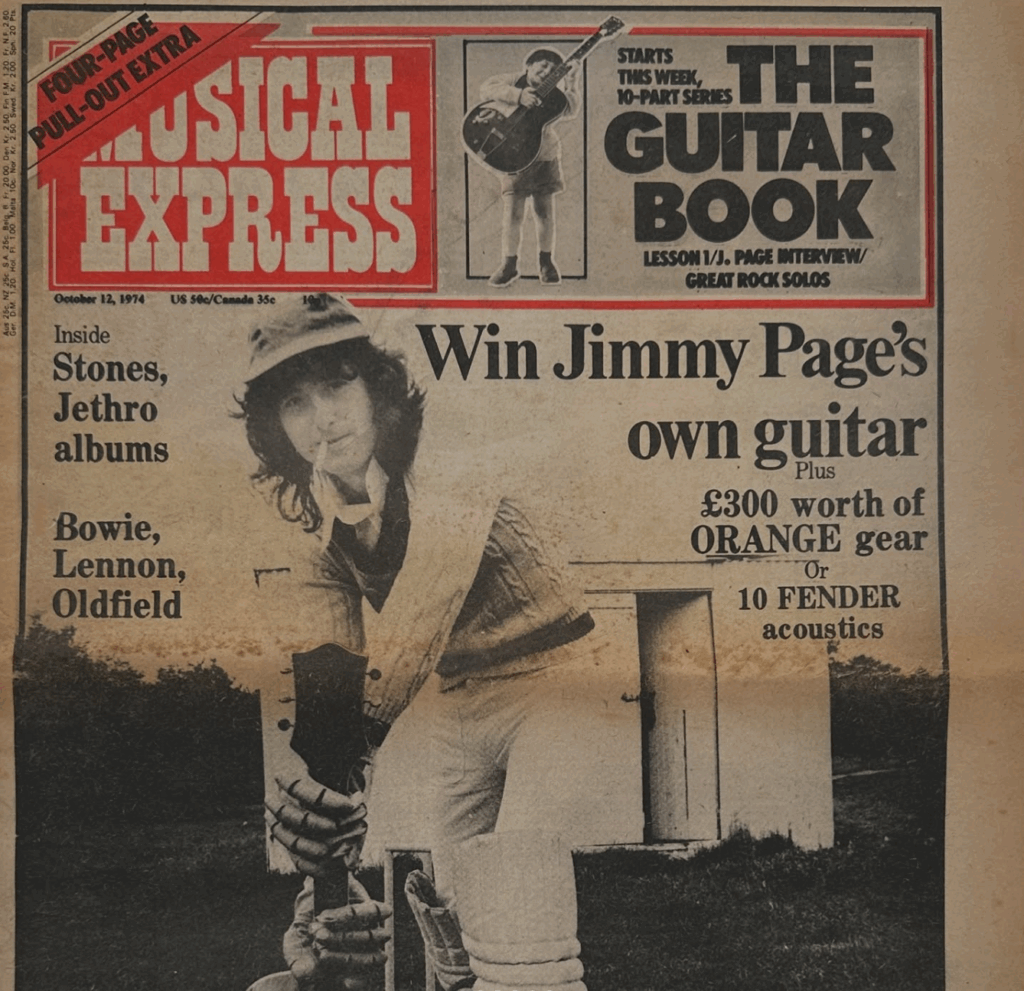 New Musical Express magazine cover dated October 12, 1974, showing Jimmy Page in cricket whites holding his Gretsch guitar as part of a competition to win his personal instrument