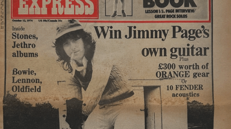 New Musical Express magazine cover dated October 12, 1974, showing Jimmy Page in cricket whites holding his Gretsch guitar as part of a competition to win his personal instrument