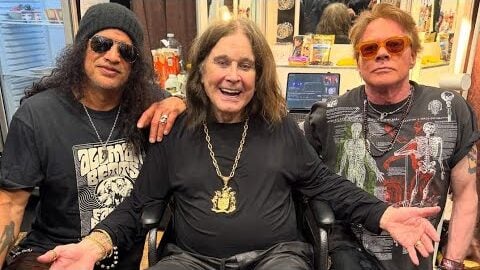 Slash, Axl Rose, and Ozzy oSBOURNE SITTING TOGETHER