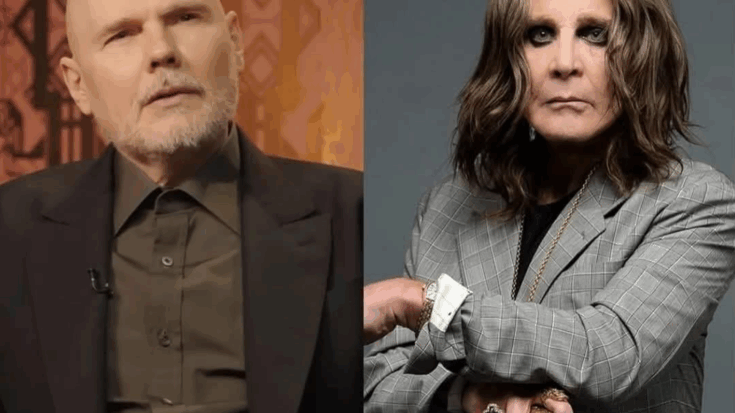 Billy Corgan in a formal setting beside Ozzy Osbourne dressed in a grey checkered suit with rings and cane.