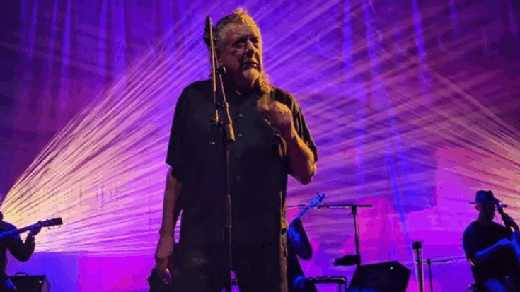 Robert Plant performing with Saving Grace under stage lights.