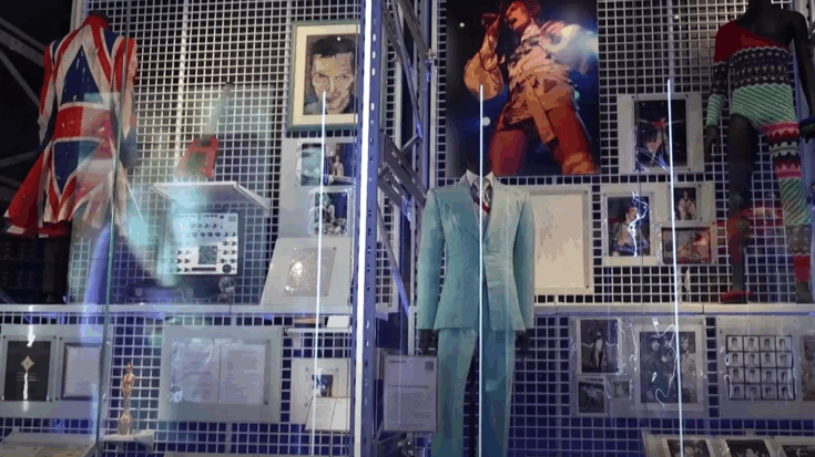 David Bowie's archive exhibition at the new V&A East Storehouse in London showcasing stage costumes, artwork, and memorabilia.