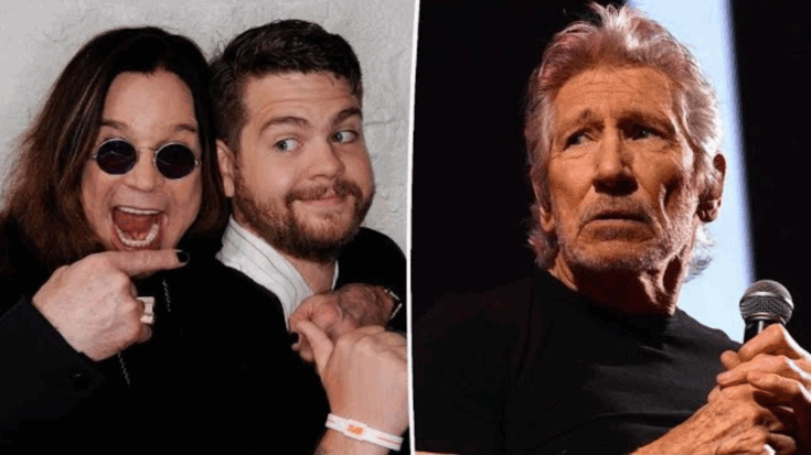 Ozzy Osbourne smiling and pointing next to his son Jack Osbourne, with Roger Waters holding a microphone on stage.