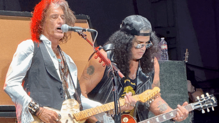 Slash joins Joe Perry on stage at the Hollywood Bowl performing “Mama Kin” on September 17, 2025.