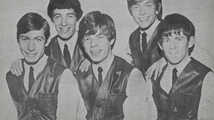 Early Rolling Stones. Left to Right: Charlie Watts, Bill Wyman, Mick Jagger, Brian Jones, Keith Richards