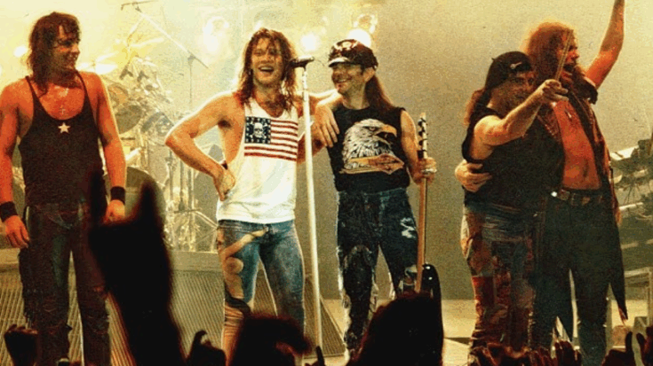 Bon Jovi performing live on stage during their 1980s rock tour