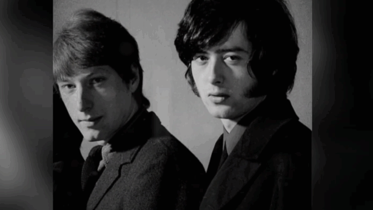 Jimmy Page and Chris Dreja of The Yardbirds standing together in the 1960s, both wearing dark jackets and looking toward the camera.