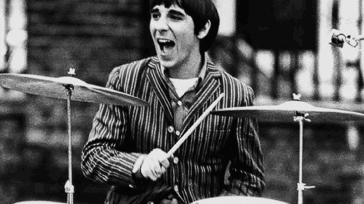 Keith Moon of The Who delivering an energetic drum performance during the band’s early years.