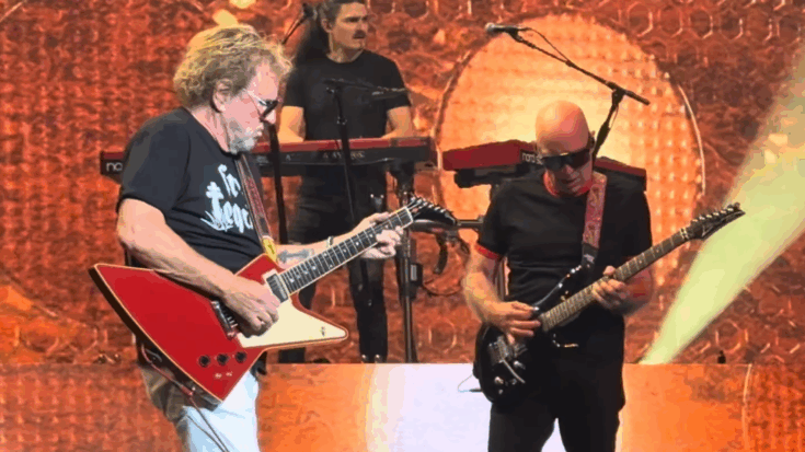 Sammy Hagar and Joe Satriani perform together onstage during The Best Of All Worlds Tour at Dolby Live, April 30, 2025.