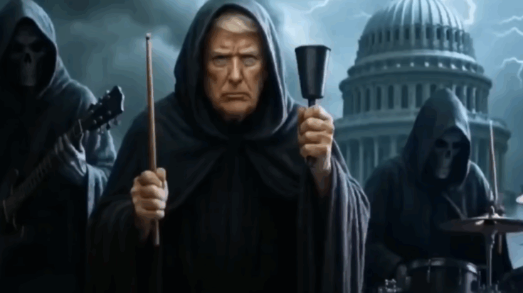Donald Trump depicted in a dark, stormy scene wearing a hooded cloak, holding a bell and staff, flanked by grim reaper figures playing instruments near the U.S. Capitol building.