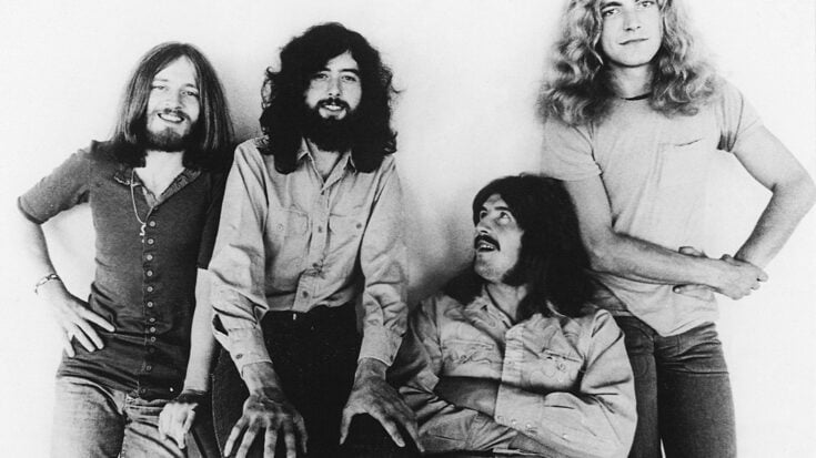 Promotional photograph of the band Led Zeppelin, 1971. From left to right: bassist John Paul Jones, guitarist Jimmy Page, drummer John Bonham and vocalist Robert Plant.