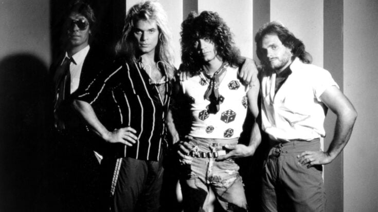 Promotional image of rock band Van Halen taken in 1984. From (l-r); Alex Van Halen, David Lee Roth, Eddie Van Halen, and Michael Anthony
