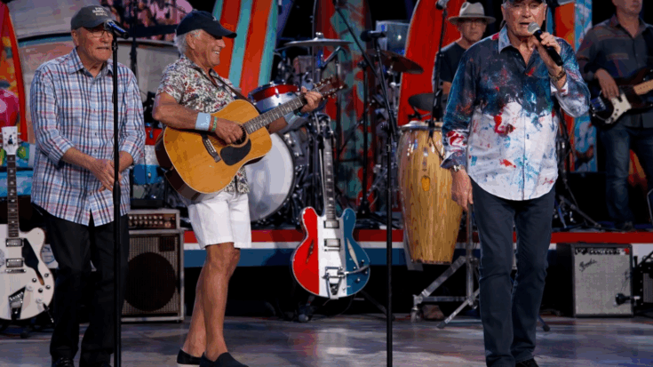 Veteran musicians perform on a colorful surf-themed stage, singing and playing guitars with a full band behind them.