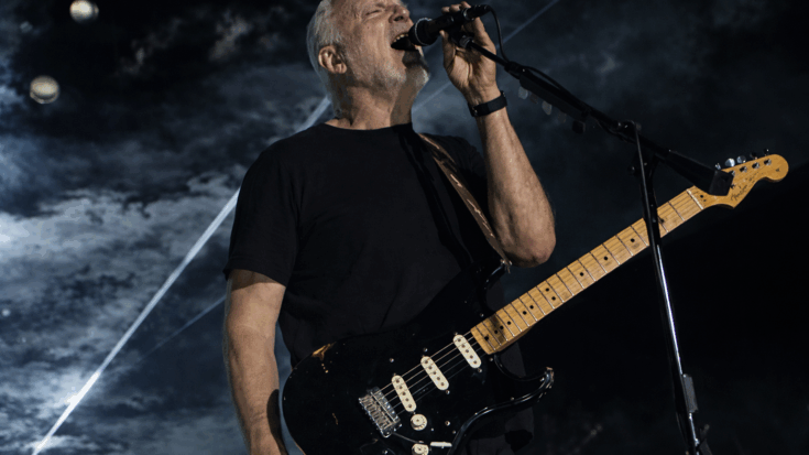 David Gilmour passionately sings into a microphone while playing a black Fender Stratocaster under dramatic stage lighting.