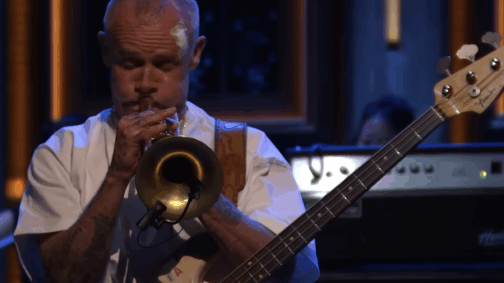 Flea playing the trumpet at jimmy fallon's show