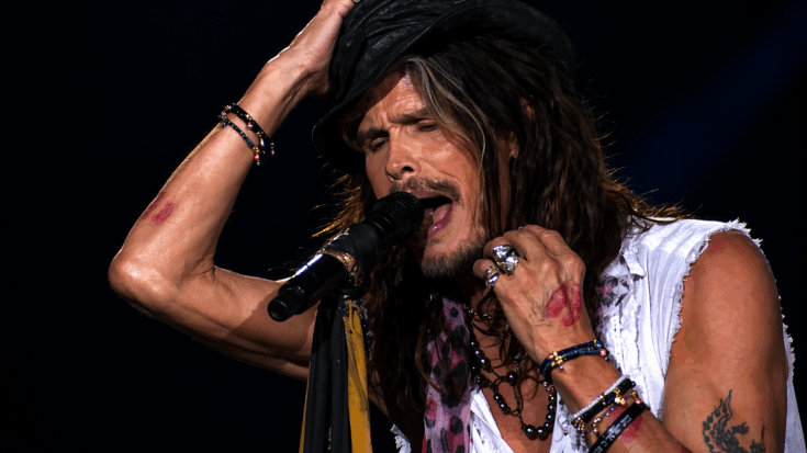 Steven Tyler sings with fierce emotion into the microphone, dressed in his signature scarves, rings, and rock-star style.