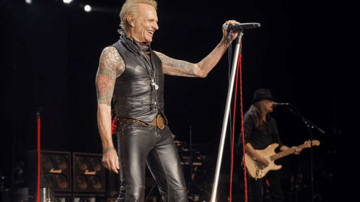 David Lee Roth stands confidently onstage, smiling as he grips the microphone during a live performance.