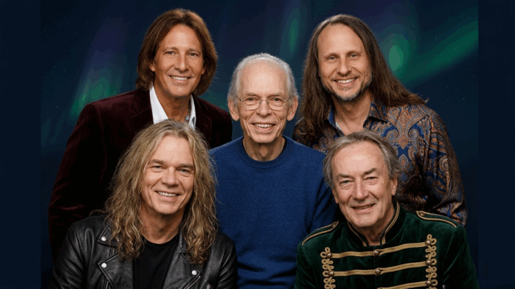 Progressive rock band Yes, featuring members Steve Howe, Geoff Downes, Jon Davison, Billy Sherwood, and Jay Schellen.