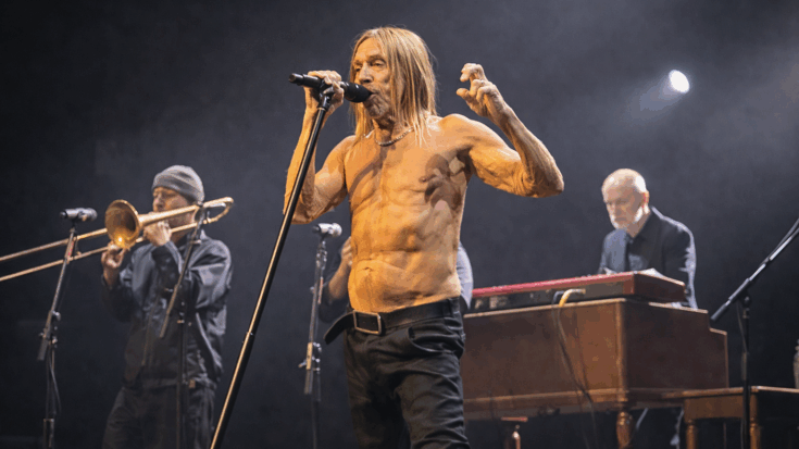 Iggy Pop is shirtless onstage, singing into a microphone with fierce energy while his band plays behind him.